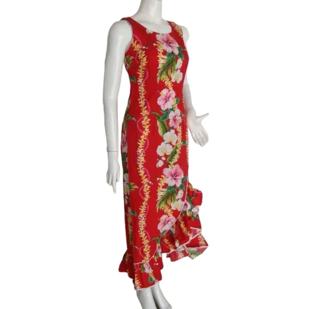 ROYAL CREATIONS Maxi Dress, S, Red, Floral, Ruffled Asymmetrical Hem, Sleeveless - Picture 3 of 10